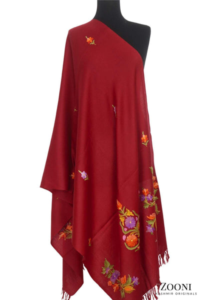 Hand Embroidered Aari Wool Wrap - Red - Zooni | Kashmir Originals