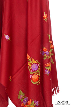 Hand Embroidered Aari Wool Wrap - Red - Zooni | Kashmir Originals