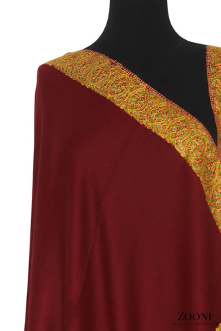 Hand Embroidered Kashmiri Doardar Shawl - Maroon - Zooni | Kashmir Originals