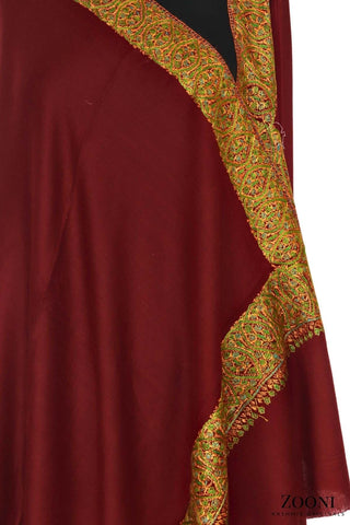 Hand Embroidered Kashmiri Doardar Shawl - Maroon - Zooni | Kashmir Originals