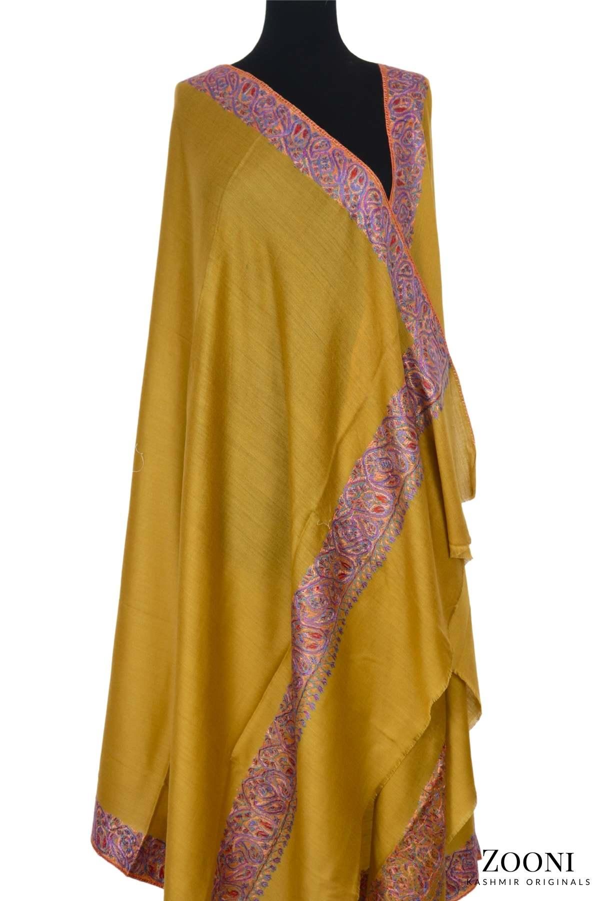 Hand Embroidered Kashmiri Doardar Shawl - Yellow - Zooni | Kashmir Originals