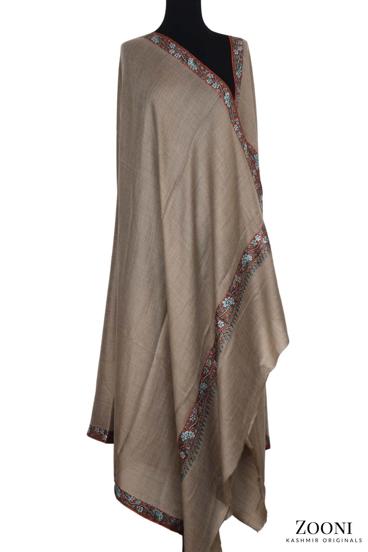 Hand Embroidered Kashmiri Hashia Shawl - Natural Brown - Zooni | Kashmir Originals