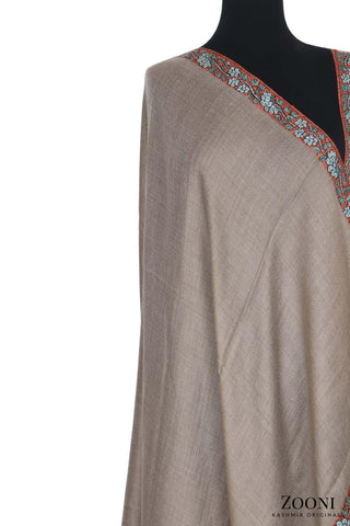 Hand Embroidered Kashmiri Hashia Shawl - Natural Brown - Zooni | Kashmir Originals