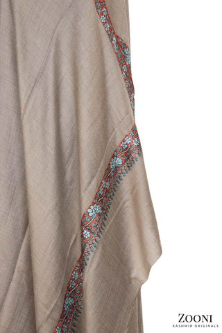 Hand Embroidered Kashmiri Hashia Shawl - Natural Brown - Zooni | Kashmir Originals