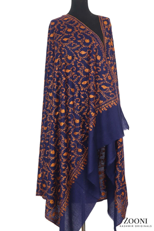 Hand Embroidered Kashmiri Jaali Shawl - Blue - Zooni | Kashmir Originals