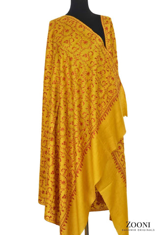 Hand Embroidered Kashmiri Jaali Shawl - Mustard - Zooni | Kashmir Originals