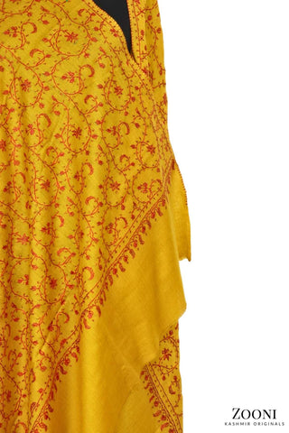 Hand Embroidered Kashmiri Jaali Shawl - Mustard - Zooni | Kashmir Originals