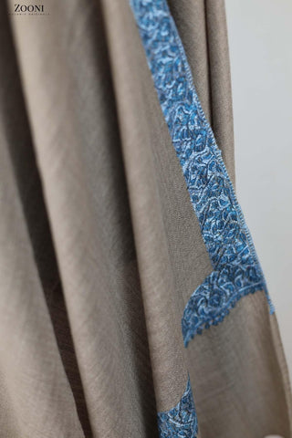 Hand Embroidered Kashmiri Neem Doar Shawl - Beige and Blue - Zooni | Kashmir Originals