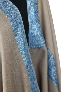 Hand Embroidered Kashmiri Neem Doar Shawl - Beige and Blue - Zooni | Kashmir Originals