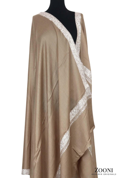 Hand Embroidered Kashmiri Neem Doar Shawl - Beige and White - Zooni | Kashmir Originals