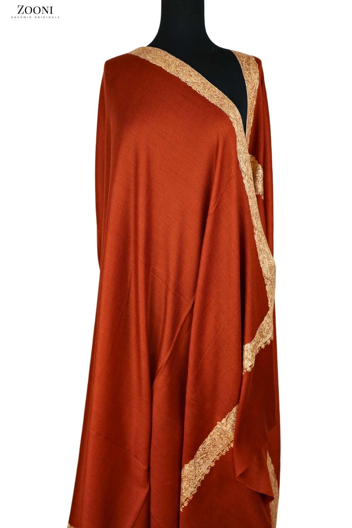 Hand Embroidered Kashmiri Neem Doar Shawl - Orange - Zooni | Kashmir Originals