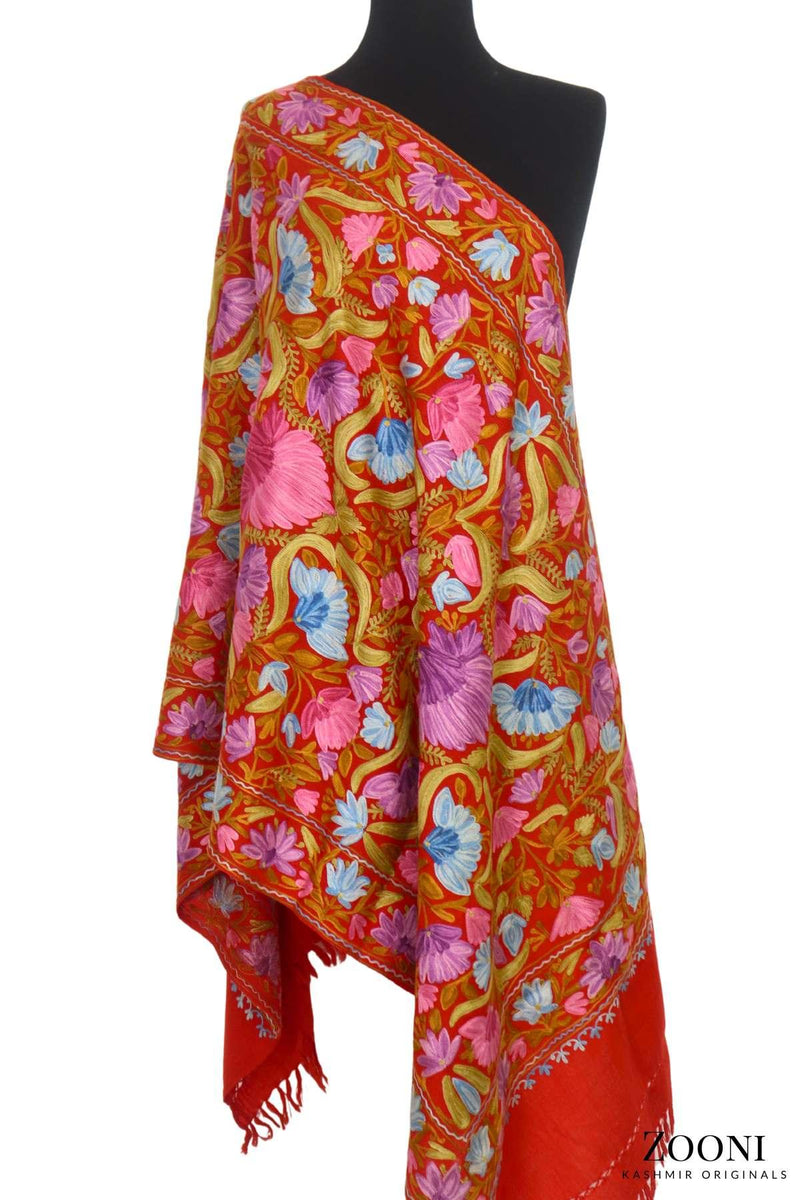 Jaama Embroidered Woollen Wrap - Red - Zooni | Kashmir Originals
