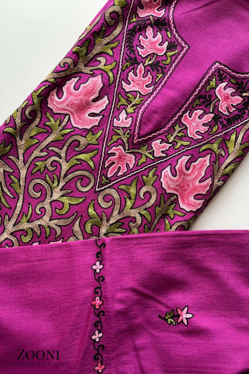 Limited Edition: Luxury 3 Piece Embroidered Kashmiri Unstitched Winter Suit - Magenta - Zooni | Kashmir Originals