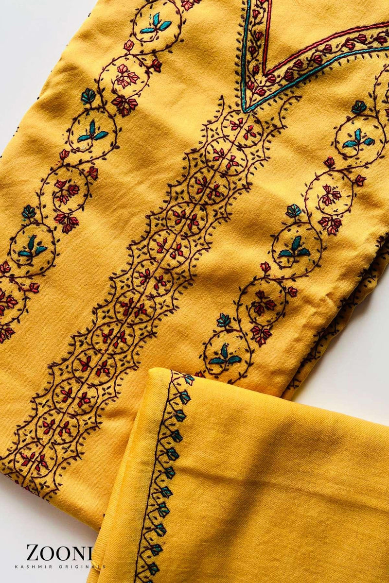 Limited Edition: Luxury 3 Piece Hand Embroidered Kashmiri Unstitched Winter Suit - Old Gold Yellow - Zooni | Kashmir Originals