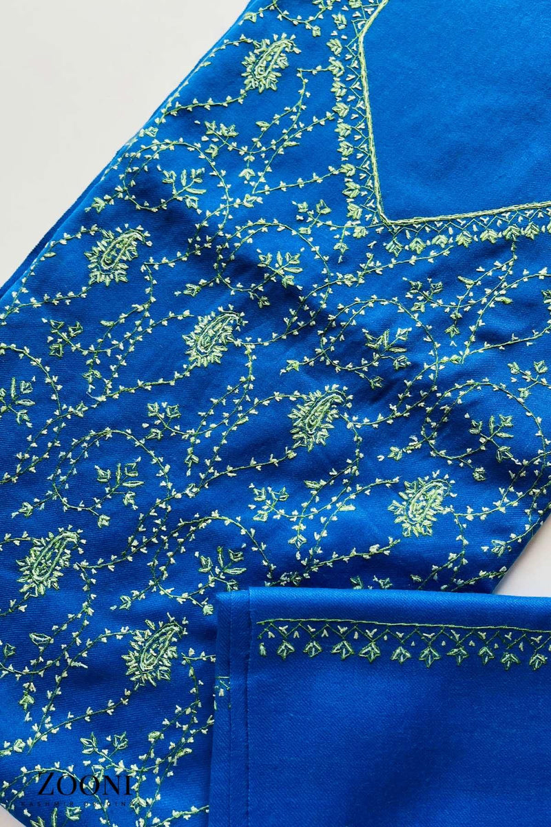 Limited Edition: Luxury 3 Piece Hand Embroidered Kashmiri Unstitched Winter Suit - Persian Blue and Fern Green - Zooni | Kashmir Originals