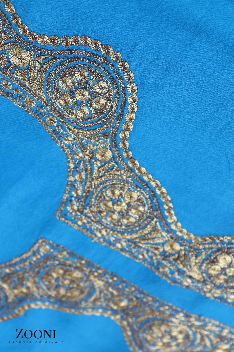 Luxury 3 Piece Tilla Embroidered Kashmiri Unstitched Winter Suit - Blue - Zooni | Kashmir Originals