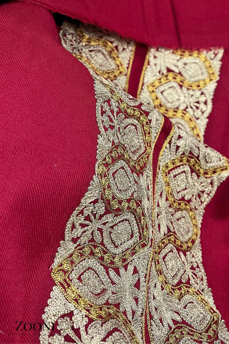 Luxury 3 Piece Tilla Embroidered Kashmiri Unstitched Winter Suit - Red with Gold/Silver Tilla - Zooni | Kashmir Originals