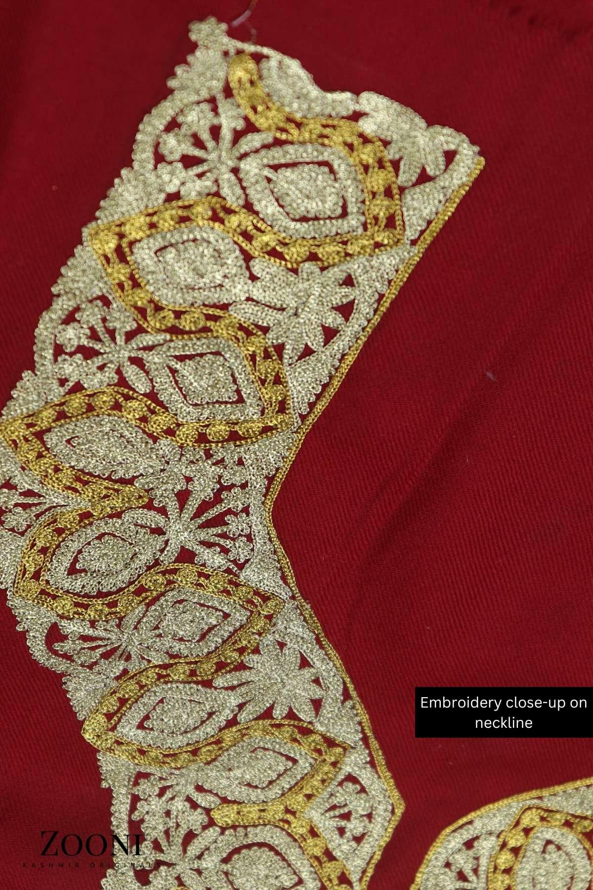 Luxury 3 Piece Tilla Embroidered Kashmiri Unstitched Winter Suit - Red with Gold/Silver Tilla - Zooni | Kashmir Originals