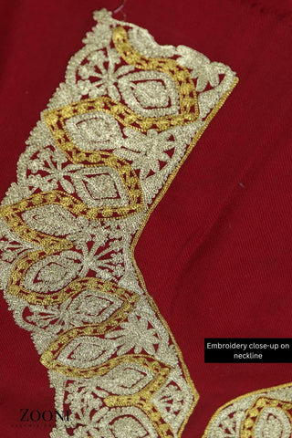 Luxury 3 Piece Tilla Embroidered Kashmiri Unstitched Winter Suit - Red with Gold/Silver Tilla - Zooni | Kashmir Originals