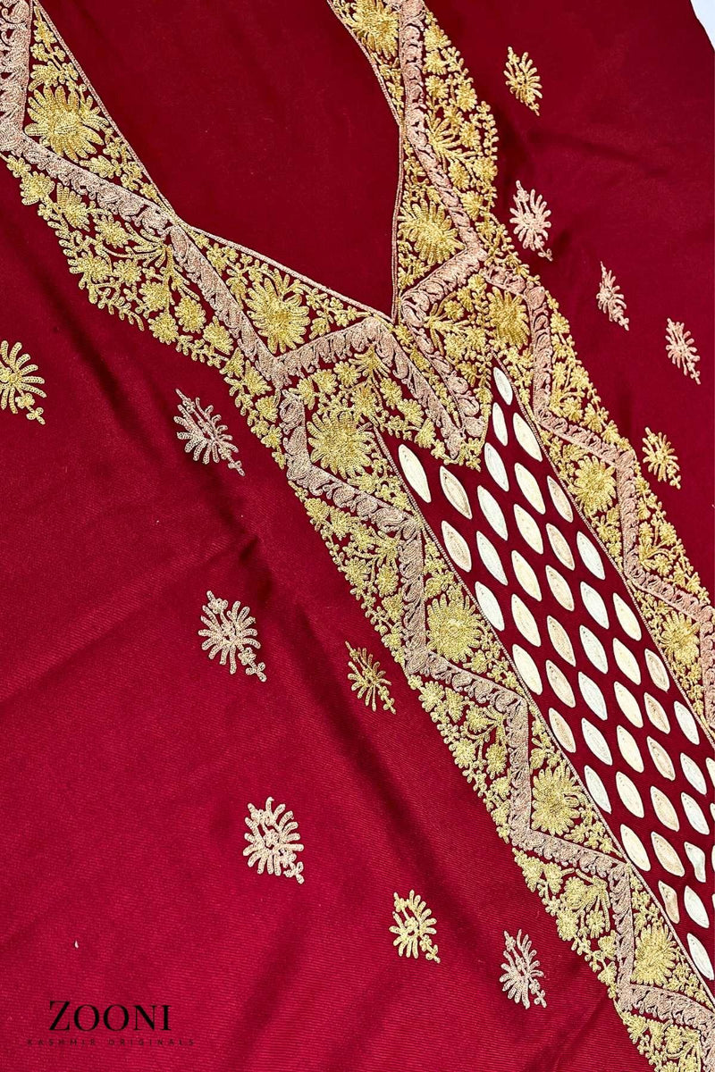 Luxury 3 Piece Zarri Tilla Embroidered Kashmiri Unstitched Winter Suit - Red - Zooni | Kashmir Originals