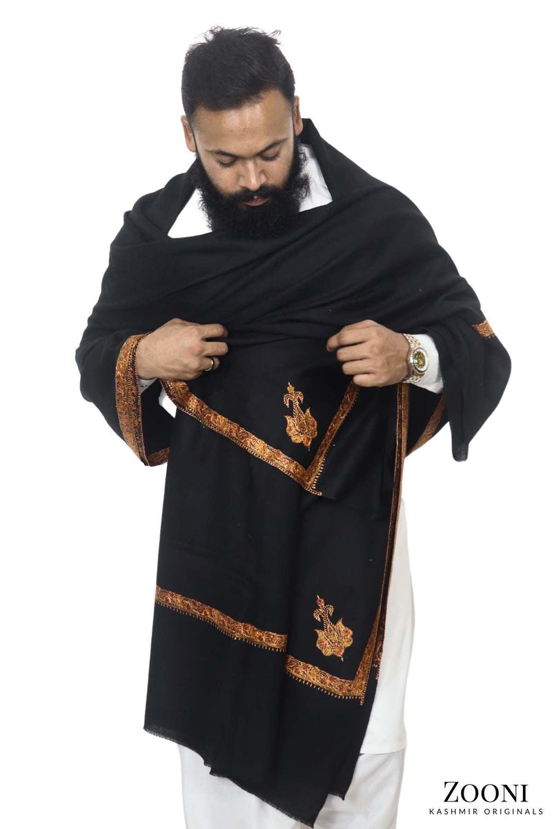 Luxury Woollen Men's Hand Embroidered Hashidar Shawl - Black - Zooni | Kashmir Originals