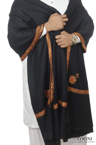 Luxury Woollen Men's Hand Embroidered Hashidar Shawl - Black - Zooni | Kashmir Originals