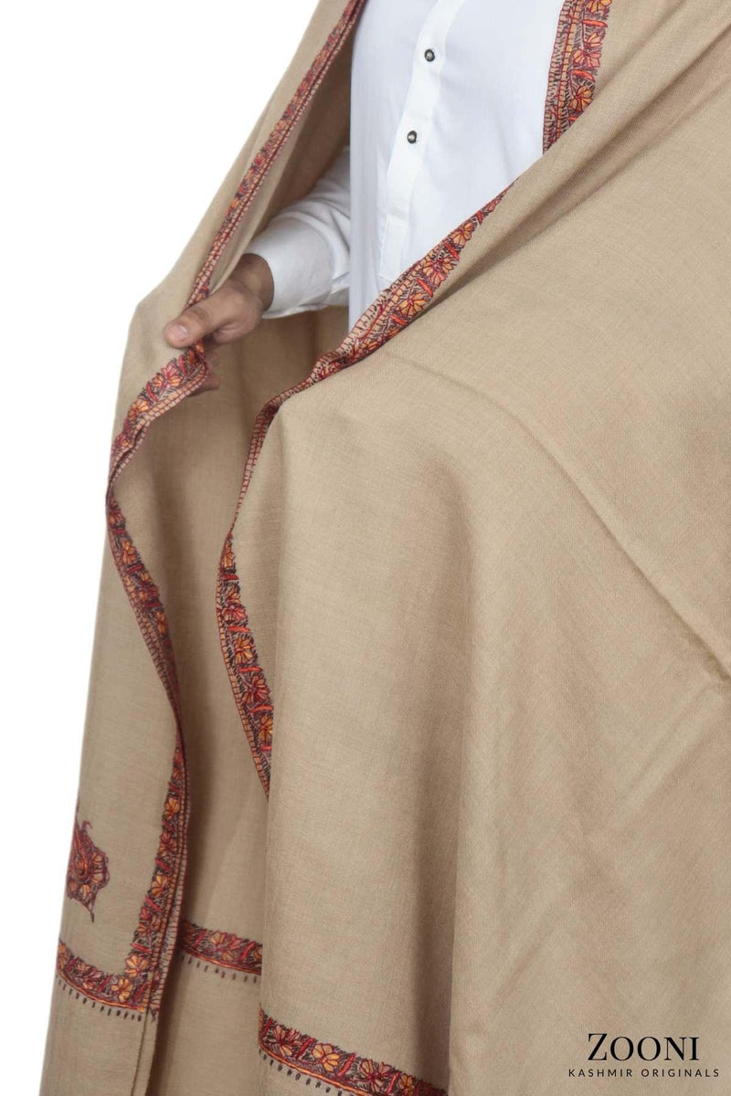 Luxury Woollen Men's Hand Embroidered Hashidar Shawl - Brown - Zooni | Kashmir Originals