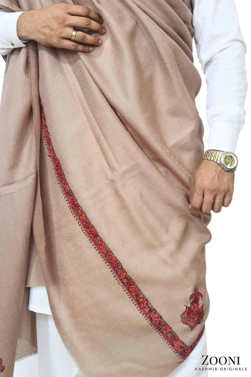 Luxury Woollen Men's Hand Embroidered Hashidar Shawl - Camel Brown - Zooni | Kashmir Originals