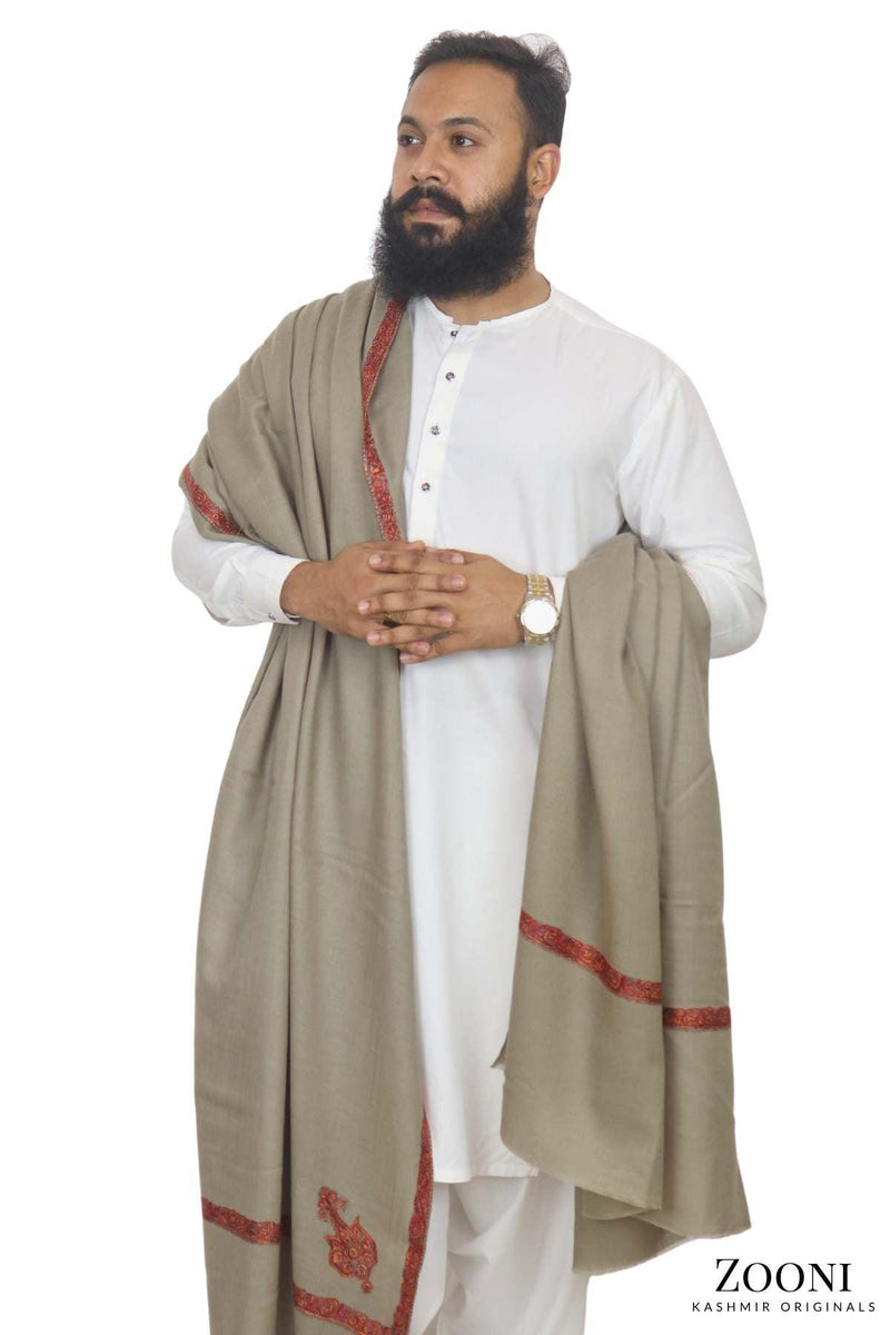 Luxury Woollen Men's Hand Embroidered Hashidar Shawl - Greyish Beige - Zooni | Kashmir Originals