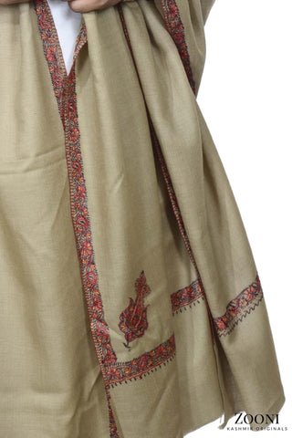 Luxury Woollen Men's Hand Embroidered Hashidar Shawl - Husk - Zooni | Kashmir Originals