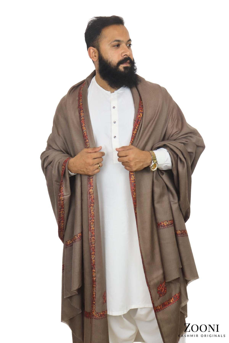 Luxury Woollen Men's Hand Embroidered Hashidar Shawl - Leather Brown - Zooni | Kashmir Originals