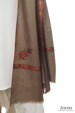 Luxury Woollen Men's Hand Embroidered Hashidar Shawl - Leather Brown - Zooni | Kashmir Originals