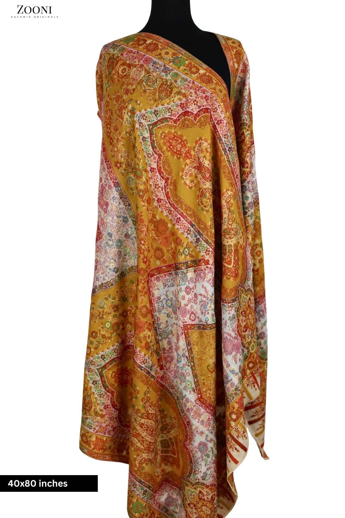 Pure Merino Kaani Cutting Shawl with Zari - Mustard - Zooni | Kashmir Originals