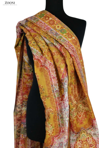 Pure Merino Kaani Cutting Shawl with Zari - Mustard - Zooni | Kashmir Originals