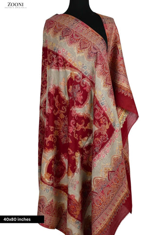 Pure Merino Kaani Cutting Shawl with Zari - Red - Zooni | Kashmir Originals