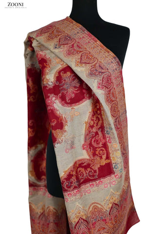 Pure Merino Kaani Cutting Shawl with Zari - Red - Zooni | Kashmir Originals