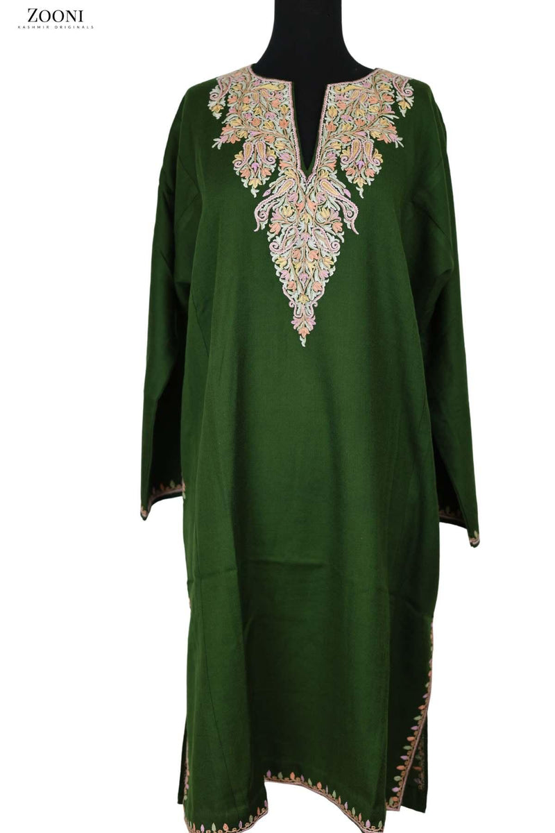 Pure Wool Hand Embroidered Kashmiri Pheran/Feran: Aari (Stitched) - Green - Zooni | Kashmir Originals
