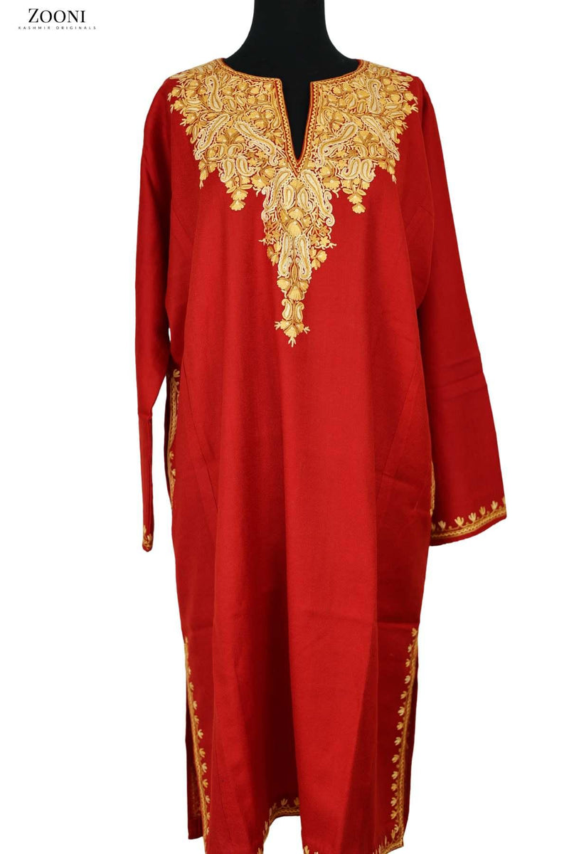 Pure Wool Hand Embroidered Kashmiri Pheran/Feran: Aari (Stitched) - Red - Zooni | Kashmir Originals