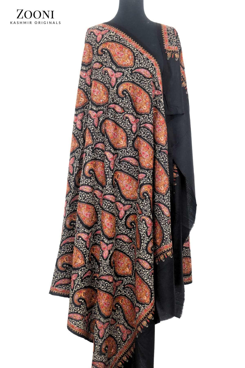 Special Edition: Superfine Merino Wool Embroidered Shawl - Black Paisleys - Zooni | Kashmir Originals