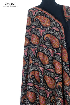 Special Edition: Superfine Merino Wool Embroidered Shawl - Black Paisleys - Zooni | Kashmir Originals