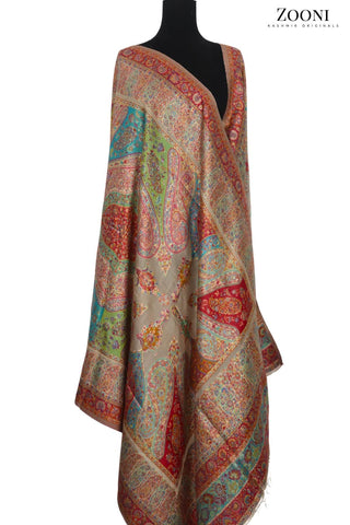 Superfine Kaani Jaamawar Silk Summer Shawl - Beige - Zooni | Kashmir Originals