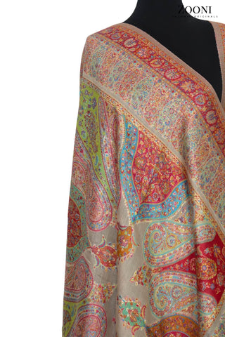 Superfine Kaani Jaamawar Silk Summer Shawl - Beige - Zooni | Kashmir Originals