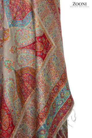 Superfine Kaani Jaamawar Silk Summer Shawl - Beige - Zooni | Kashmir Originals