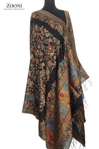 Superfine Kaani Jaamawar Silk Summer Shawl - Black Vine and Rust - Zooni | Kashmir Originals