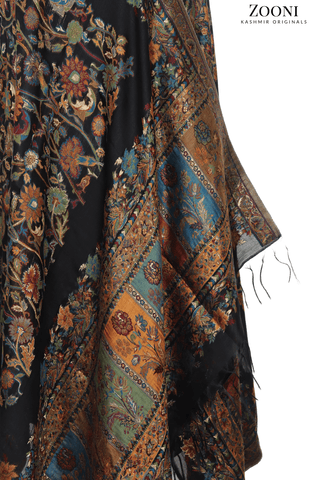 Superfine Kaani Jaamawar Silk Summer Shawl - Black Vine and Rust - Zooni | Kashmir Originals