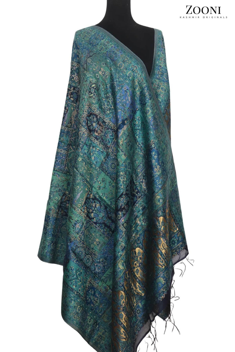 Superfine Kaani Jaamawar Silk Summer Shawl - Blue/Green - Zooni | Kashmir Originals