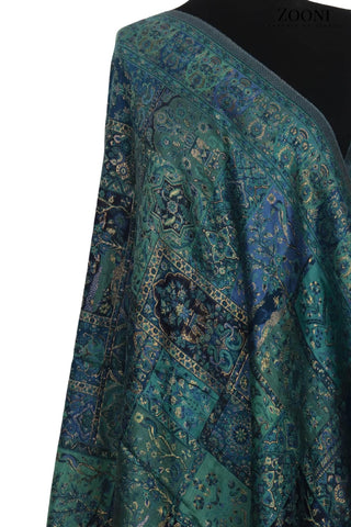 Superfine Kaani Jaamawar Silk Summer Shawl - Blue/Green - Zooni | Kashmir Originals