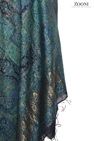 Superfine Kaani Jaamawar Silk Summer Shawl - Blue/Green - Zooni | Kashmir Originals