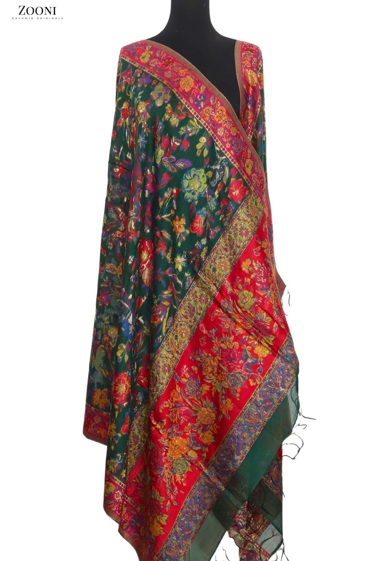 Superfine Kaani Jaamawar Silk Summer Shawl - Green - Zooni | Kashmir Originals