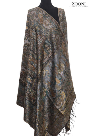 Superfine Kaani Jaamawar Silk Summer Shawl - Grey Mughlia - Zooni | Kashmir Originals